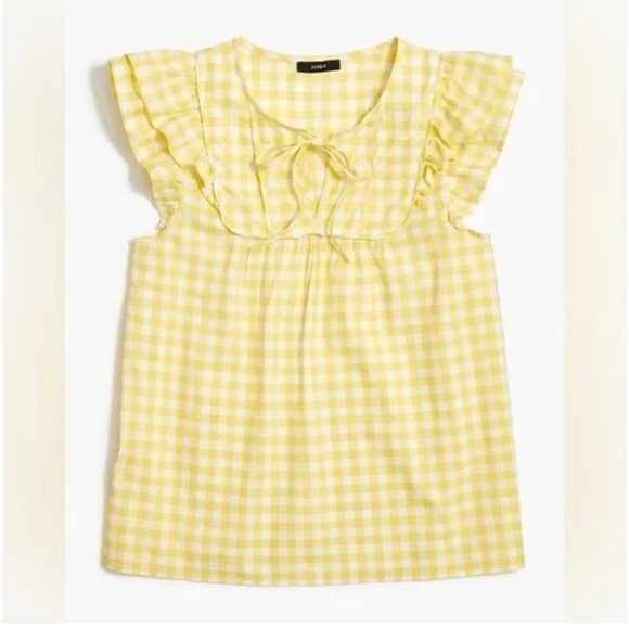 J Crew Gingham flutter top with bib trim yellow white 100% cotton size XXL - Picture 1 of 10